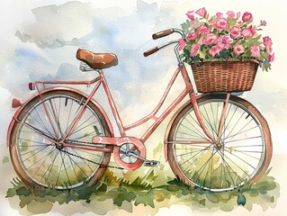 Fototapeta na wymiar Quaint bicycle with flower basket, 6K watercolor, vintage ink outlines, charming and timeless