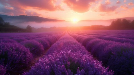 A lavender fields with a soft mist, adding a touch of mystique to the scene. AI generate illustration