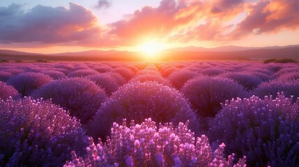 A lavender field during sunrise, with a soft glow illuminating the lavender bushes. AI generate illustration - obrazy, fototapety, plakaty