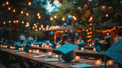Celebratory Graduation Party with Festive Lighting and on University Campus