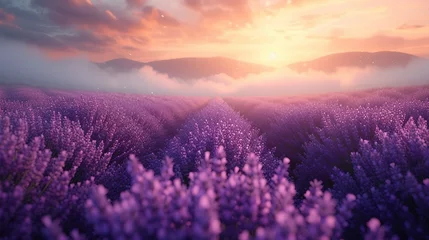 Fotobehang A lavender fields with a soft mist, adding a touch of mystique to the scene. AI generate illustration © PandaStockArt