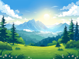 A beautiful mountain landscape with a bright sun shining on the mountains