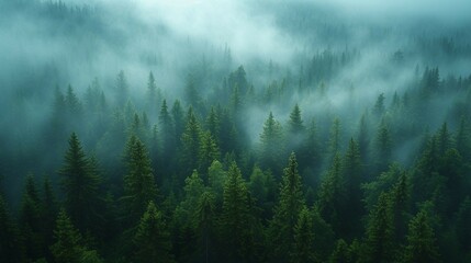 A pine tree forest with a misty atmosphere, evoking a sense of tranquility. AI generate illustration