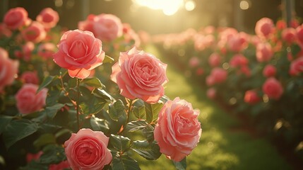 A rose bushes in a garden, showcasing the organized beauty of a rose garden. AI generate illustration
