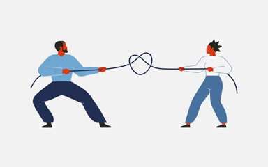 Tug of war between man and woman. Struggle for gender equality or conflicting interests or values. Husband and wife are pulling rope as symbol of control in relationships. Vector illustration - 779730191