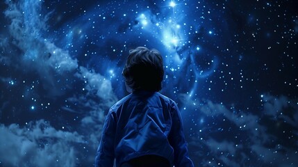 Fototapeta premium Young boy back view looking cosmic night sky stars nebulae curiosity exploration