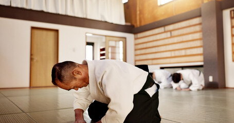Aikido class, sensei and students with bow, martial arts or respect for calm at training, gym or...