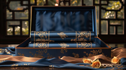 luxury high-end habano gift box with unique silk blue and gold design, expensive habanos, wealthy lifestyle