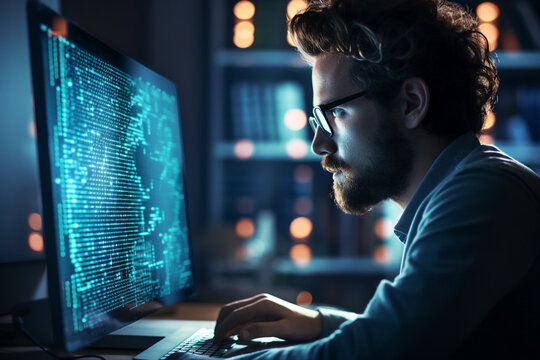 Hard working person in modern interior office programming writing web java script code AI technology generation