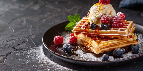 belgian waffles with ice cream and fresh berries. close up square waffles with raspberries...
