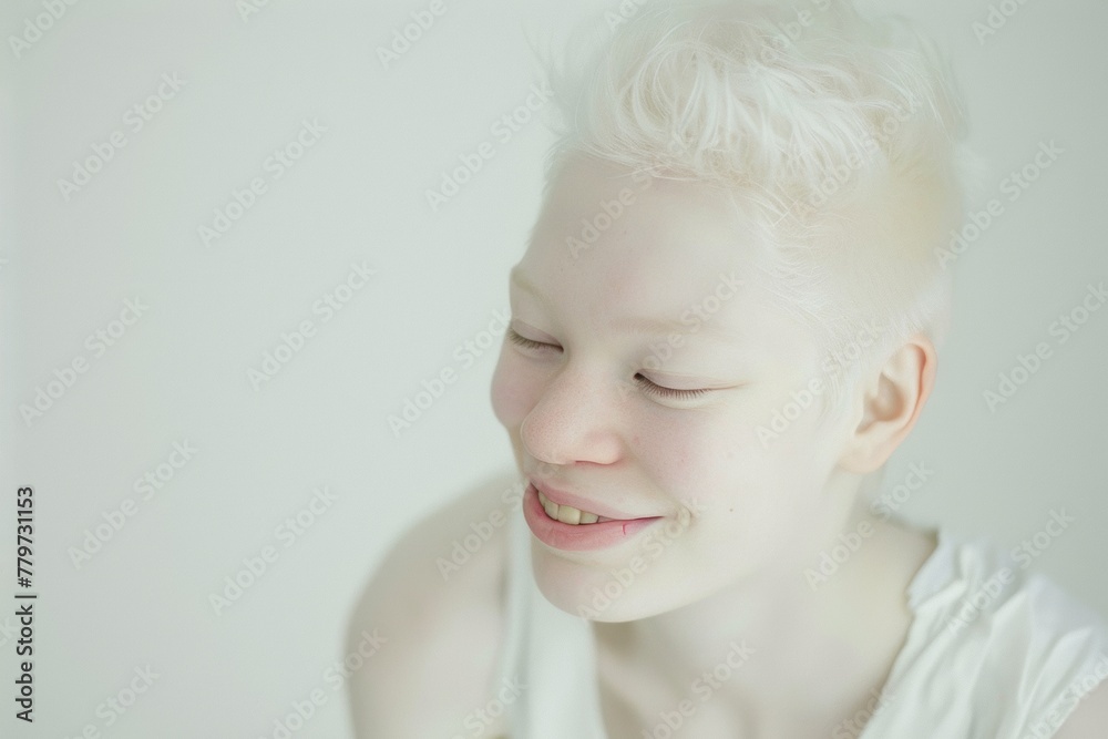 Wall mural portrait of young albino woman with white skin, smiling. pale girl with short hair looking happy and radiant. white background, isolated with copy space