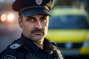 Fictional person Police man woman made with Ai generative technology serious face expression