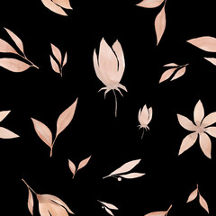 Beige watercolor flowers and leaves on a black background, seamless pattern, hand-drawn.  Botanical illustration, pattern template for fabric, wrapping paper, wallpaper. Floral background pattern.