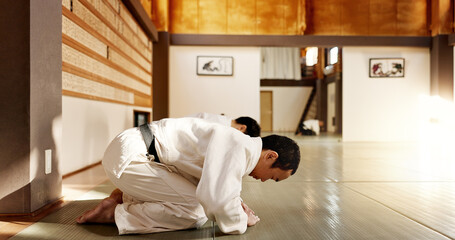 Japanese student, bow or men in dojo to start aikido practice, discipline or self defense...