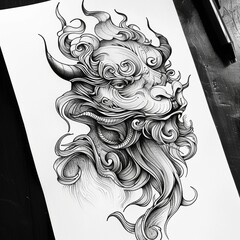 Detailed line art illustration of a mythical creature or beast tattoo design