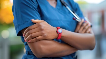Obraz na płótnie Canvas Dedicated Nurse Attentively Monitoring Patient s Health with Medical Alert Bracelet