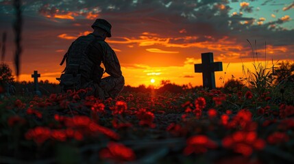 Against the backdrop of a vibrant sunset, a silhouette of a soldier kneeling before a fallen comrade's grave, his shadow elongated in a gesture of reverence and respect. - obrazy, fototapety, plakaty