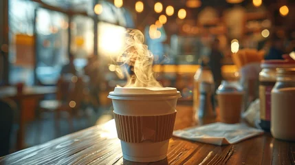  In the cafe, a table is adorned with a steaming paper cup of coffee. Generative AI. © visoot