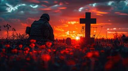 Against the backdrop of a vibrant sunset, a silhouette of a soldier kneeling before a fallen comrade's grave, his shadow elongated in a gesture of reverence and respect. - obrazy, fototapety, plakaty