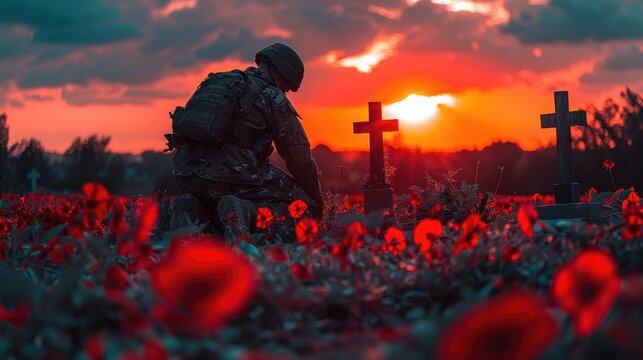 Against the backdrop of a vibrant sunset, a silhouette of a soldier kneeling before a fallen comrade's grave, his shadow elongated in a gesture of reverence and respect.