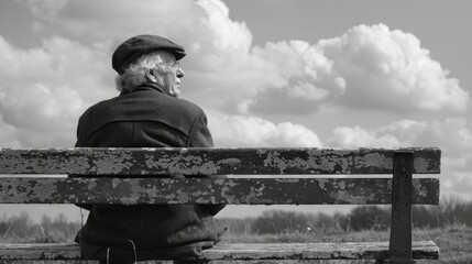 An elderly veteran sits alone on a weathered bench, his eyes fixed on the horizon, lost in memories of battles fought and comrades lost, his silent vigil a poignant reminder of the cost of freedom. - obrazy, fototapety, plakaty