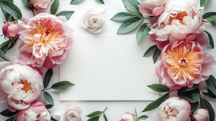 An aesthetic mockup of a blank wedding invitation viewed from above, surrounded by scattered peonies. Generative AI.