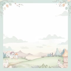 Pastel Storybook Landscape with Fairy-tale Castles and Bunnies