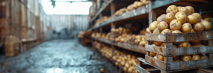 Fresh harvested potatoes in warehouse in wooden boxes. Vegetable factory. Stacked crates with freshly harvested potatoes outside a warehouse. copy space