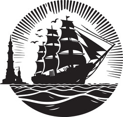 Black and white illustration of a vintage ship, surrounded by flying birds, evoking a sense of adventure and exploration on the high seas.