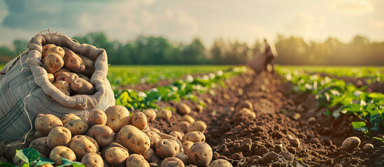 Farmer harvesting potatoes on farmland Pile of ripe potatoes on the ground in a field Fresh organic potatoes in a field Potato field with bags of potatoes - obrazy, fototapety, plakaty