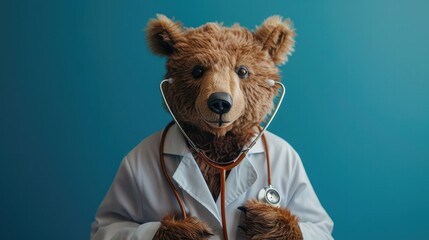 Diligent Bear Doctor Providing Compassionate Medical Care with Stethoscope - obrazy, fototapety, plakaty