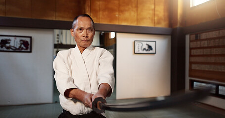 Japanese master, martial arts or training with sword, aikido champion or teacher of self defence....