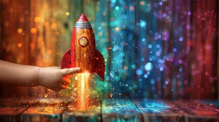 A child's hand reaches out to grasp a red rocket toy on a colorful wooden background. Encouraging children to explore their imaginations and take risks.