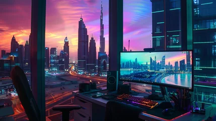 Fotobehang A monitor desk on a table in a dark sky blue and magenta style, Dubai skyscrapers, dramatic lighting © Zahid