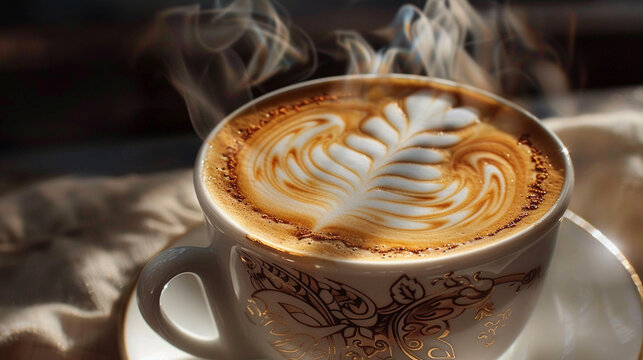 The intricate swirls of foam on top of a freshly brewed cup of coffee, super realistic