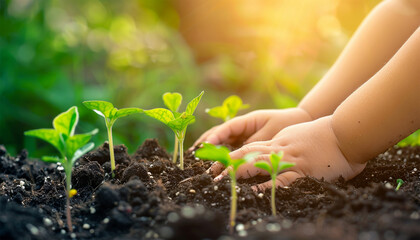 Close up of kids hands putting in mother's hands little green sprout with soil. African woman teaching child for taking care about nature and planet. Generation and new life concept. 