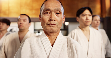 Aikido class, students or portrait for martial arts, sensei or ready for training, gym or group in...