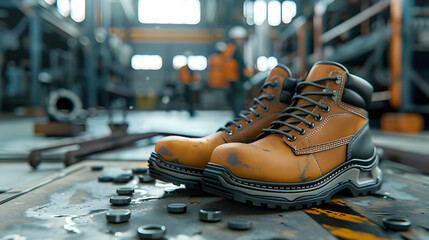 Realistic 8K high-definition image of safety work shoe on factory floor - Ai Generated