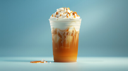 Iced caramel latte with whipped cream in plastic cup. Ad for cold coffee. Sky blue background. Summer drink concept.