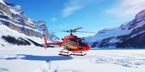 Red helicopter lands on a snowy peak