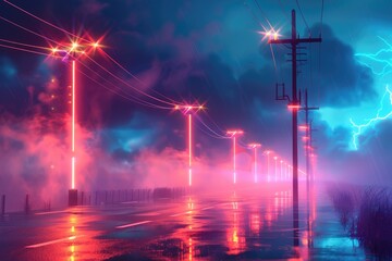 A captivating scene with vibrant neon lights lining a wet road reflecting lights and electricity poles on dark sky background
