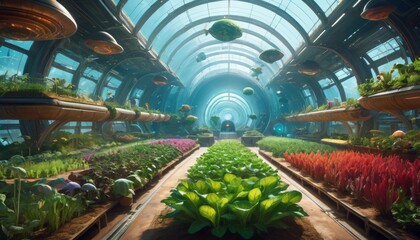 A lush, futuristic dome greenhouse, brimming with vibrant vegetation and floating garden beds, under a clear arched ceiling.. AI Generation - obrazy, fototapety, plakaty