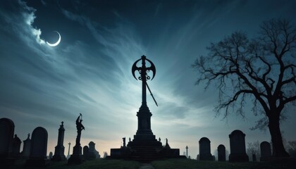 Fototapeta premium A cemetery silhouette stands stark against a dramatic sky with a crescent moon, conveying a sense of peace and the passage of time in a place of eternal slumber.. AI Generation