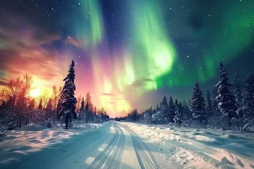 Foto auf Alu-Dibond Generative ai on theme of beautiful northern lights, bright aurora borealis winter in atmosphere © oleg525