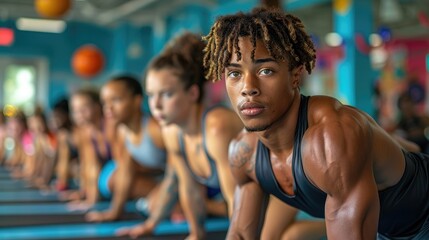 A group of people working out in a fitness studio.