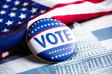 Vote election badge for the 2024 American presidential election with text VOTE ,lying on the USA flag as backdrop and White House picture.United States presidential election in 2024