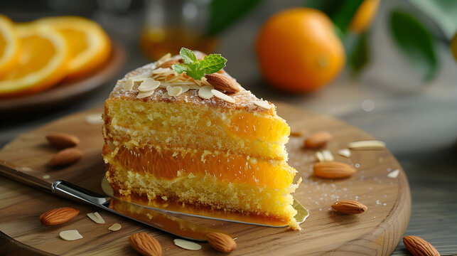 Orange cake with almonds on white surface - Ai generated