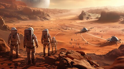 Astronauts conquer Mars. The concept of colonization of Mars - obrazy, fototapety, plakaty
