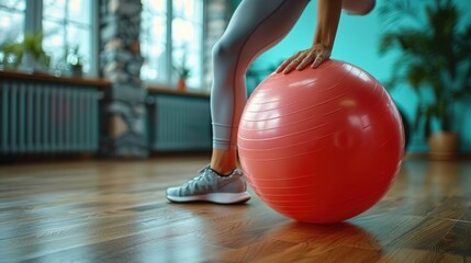 Naklejka premium A person using a stability ball in a fitness studio.