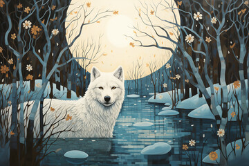 Generative Ai of a white wolf and full moon drawing. 